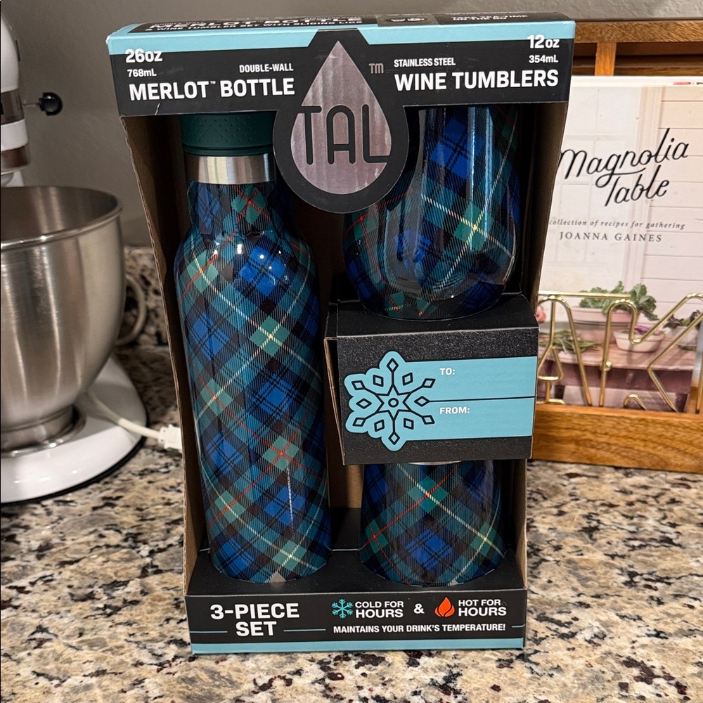 TAL Blue Plaid Stainless Steel Wine Tumbler and Bottle Set